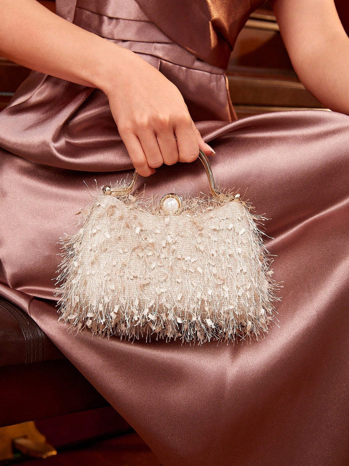 Champagne Feather Rhinestone Top Handle Box Bag