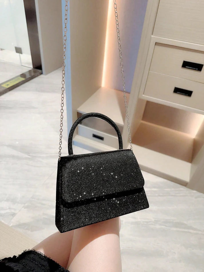 Black Glitter Mini Flap Evening Square Bag