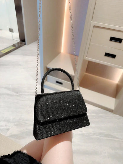Black Glitter Mini Flap Evening Square Bag