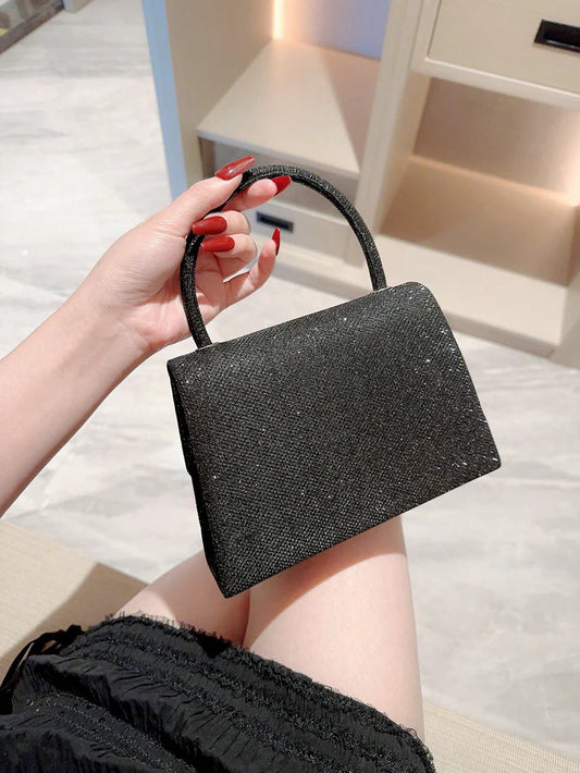 Black Glitter Mini Flap Evening Square Bag