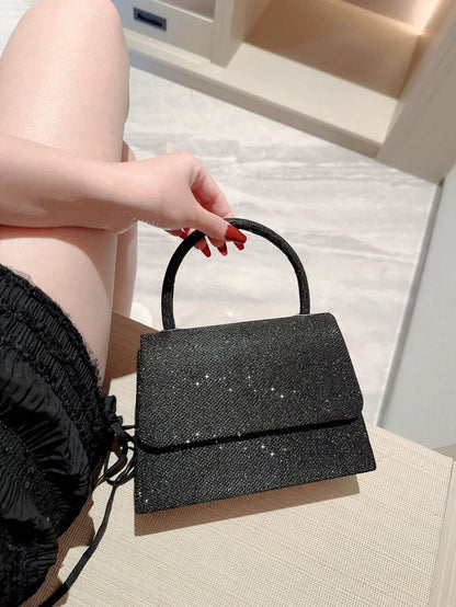 Black Glitter Mini Flap Evening Square Bag
