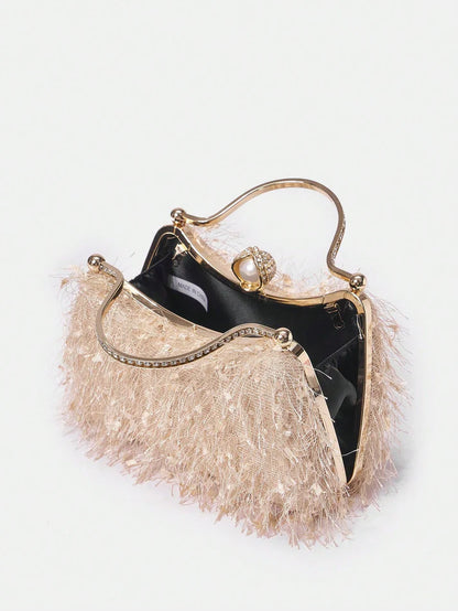 Champagne Feather Rhinestone Top Handle Box Bag
