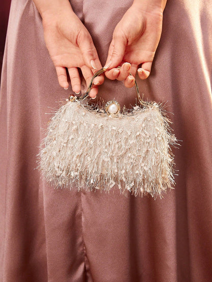 Champagne Feather Rhinestone Top Handle Box Bag