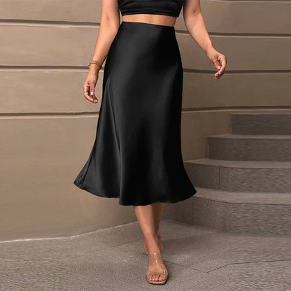 Elegant Black Satin A-Line Medium-Length Skirt