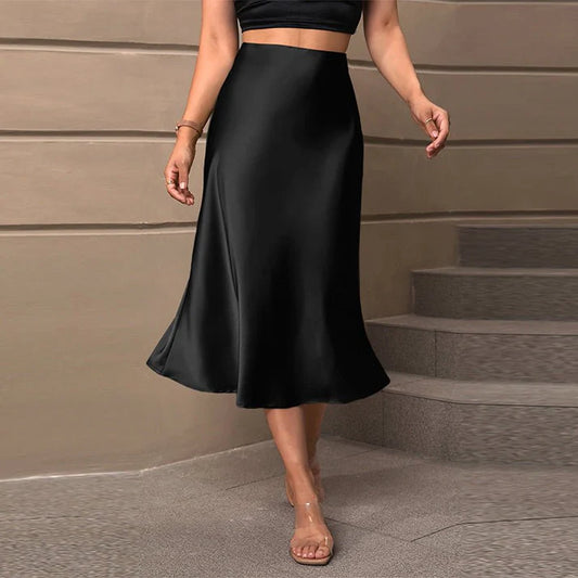 Elegant Black Satin A-Line Medium-Length Skirt