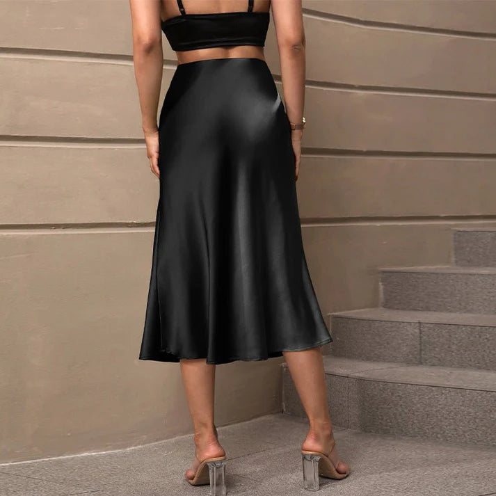 Elegant Black Satin A-Line Medium-Length Skirt