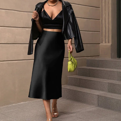 Elegant Black Satin A-Line Medium-Length Skirt