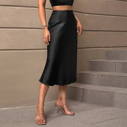 Elegant Black Satin A-Line Medium-Length Skirt