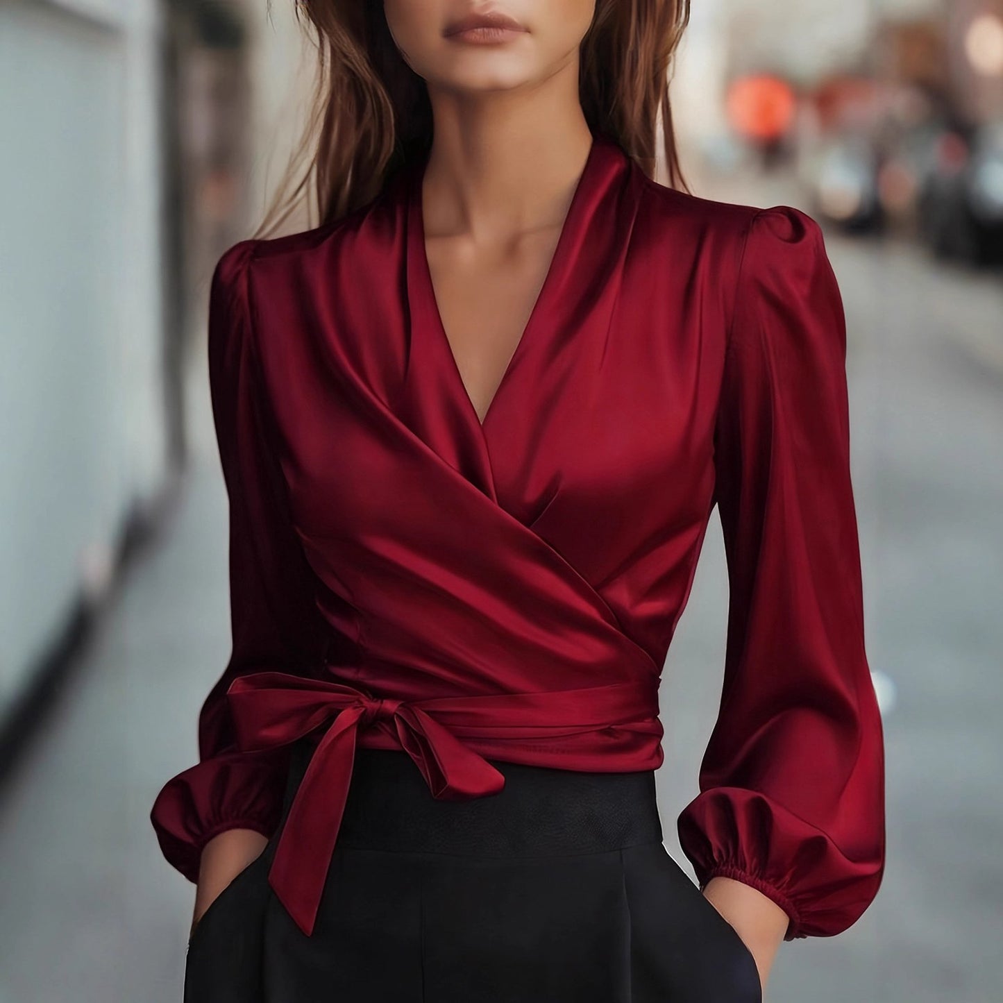 Elegant Wrap Satin Criss-Cross Long Sleeve Blouse