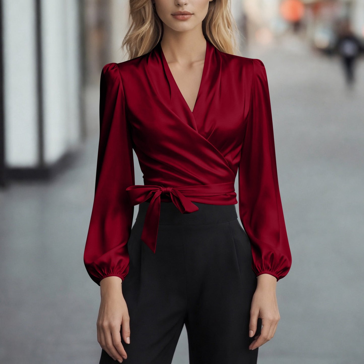 Elegant Wrap Satin Criss-Cross Long Sleeve Blouse