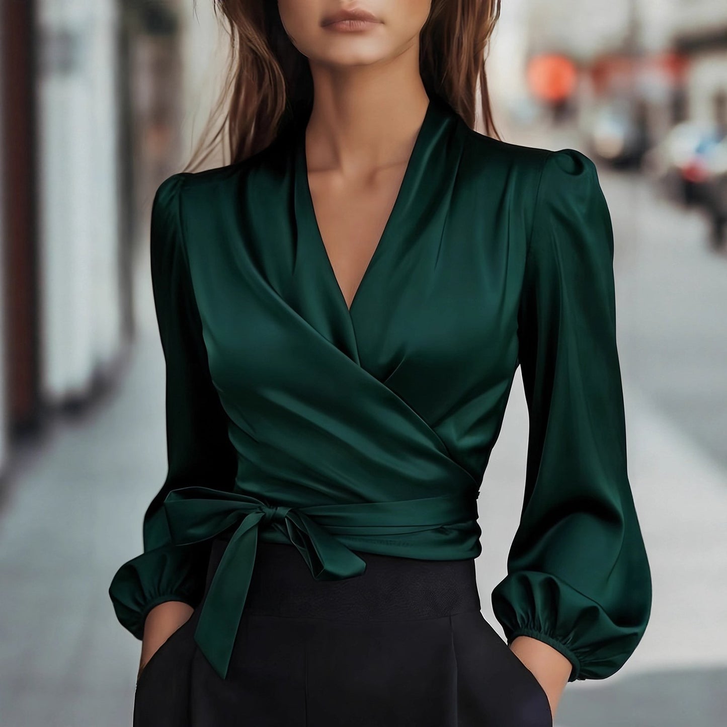 Elegant Wrap Satin Criss-Cross Long Sleeve Blouse