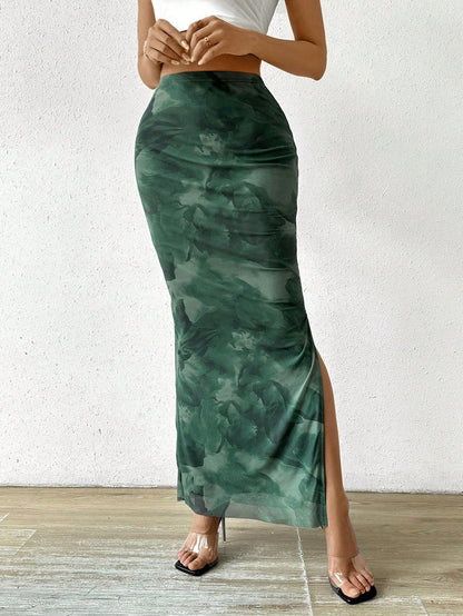 Olive Green Floral Side-Slit Maxi Skirt