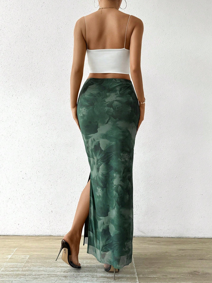 Olive Green Floral Side-Slit Maxi Skirt