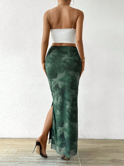 Olive Green Floral Side-Slit Maxi Skirt