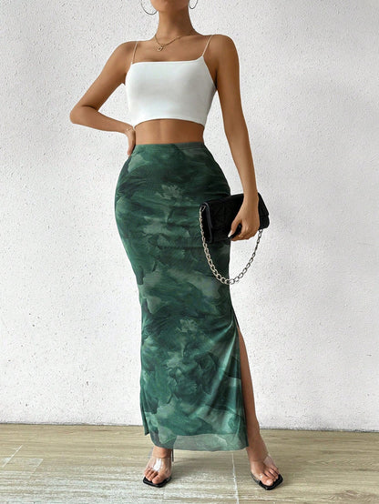 Olive Green Floral Side-Slit Maxi Skirt