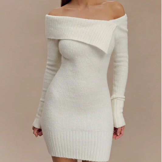 One-Shoulder Long-Sleeve Knitted Mini Dress