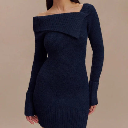 One-Shoulder Long-Sleeve Knitted Mini Dress