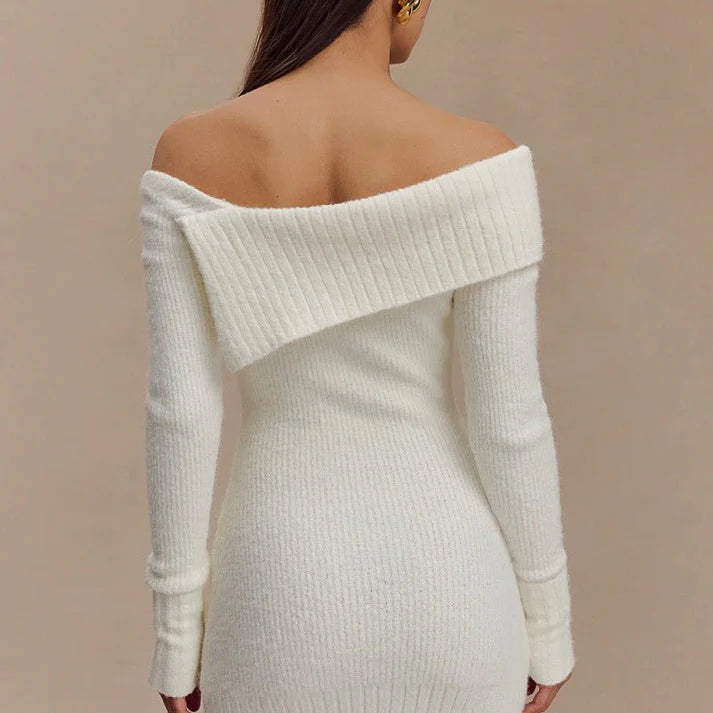 One-Shoulder Long-Sleeve Knitted Mini Dress