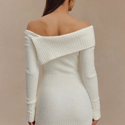 One-Shoulder Long-Sleeve Knitted Mini Dress