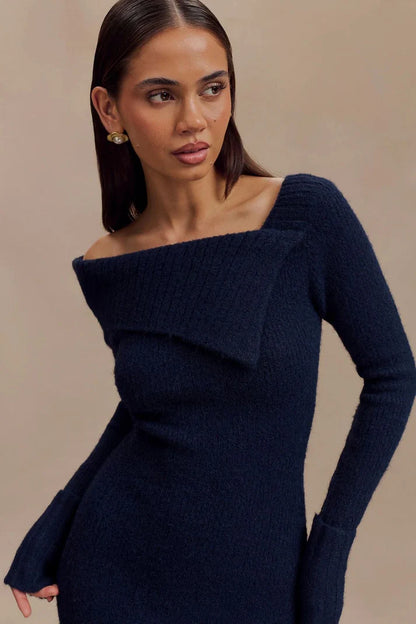One-Shoulder Long-Sleeve Knitted Mini Dress