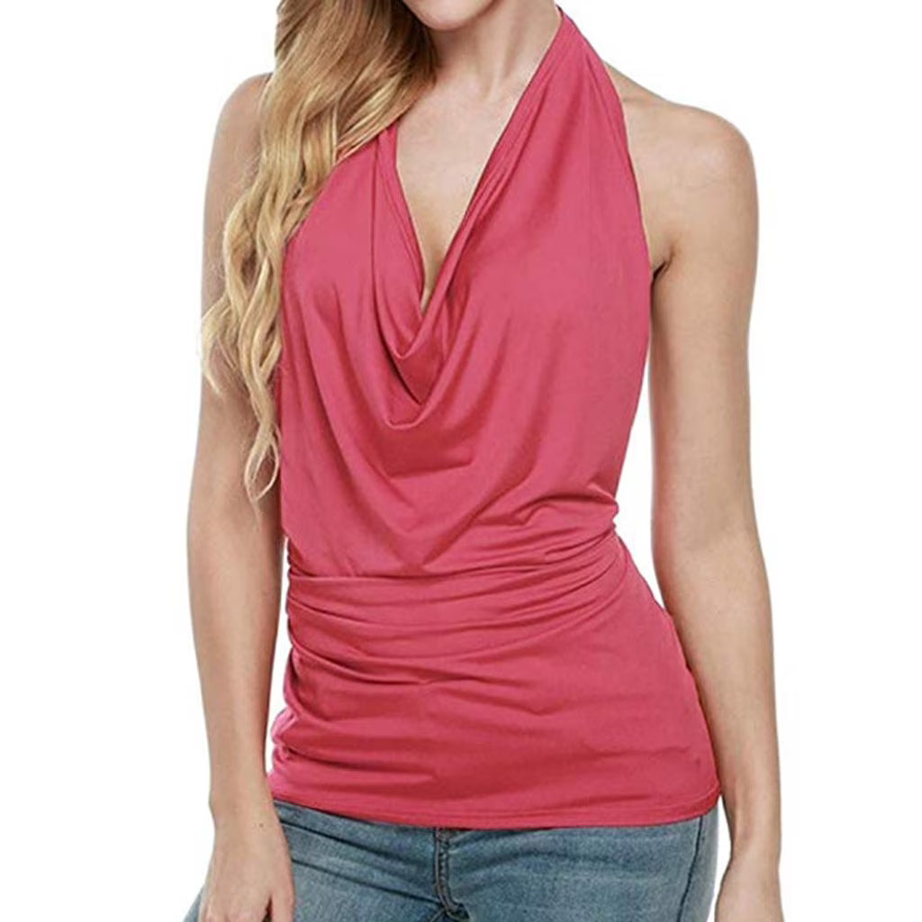 Red Halter Cowl Neck Backless Silk Top