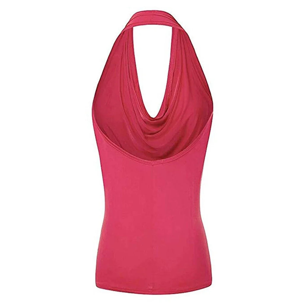 Red Halter Cowl Neck Backless Silk Top