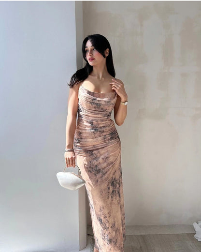 Think Strip Tulle ruched dress in beige