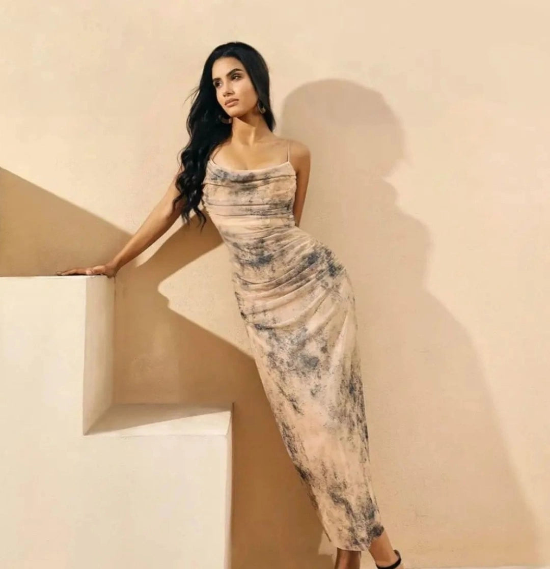 Think Strip Tulle ruched dress in beige