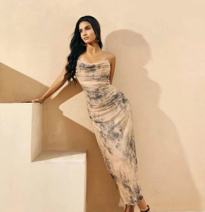 Think Strip Tulle ruched dress in beige