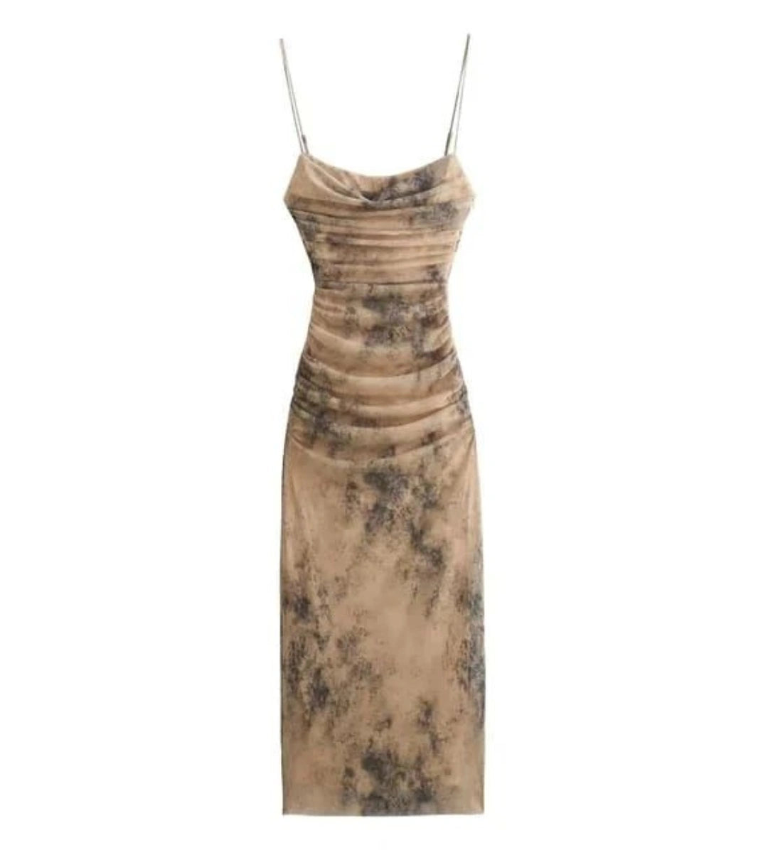 Think Strip Tulle ruched dress in beige