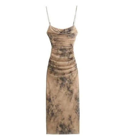 Think Strip Tulle ruched dress in beige